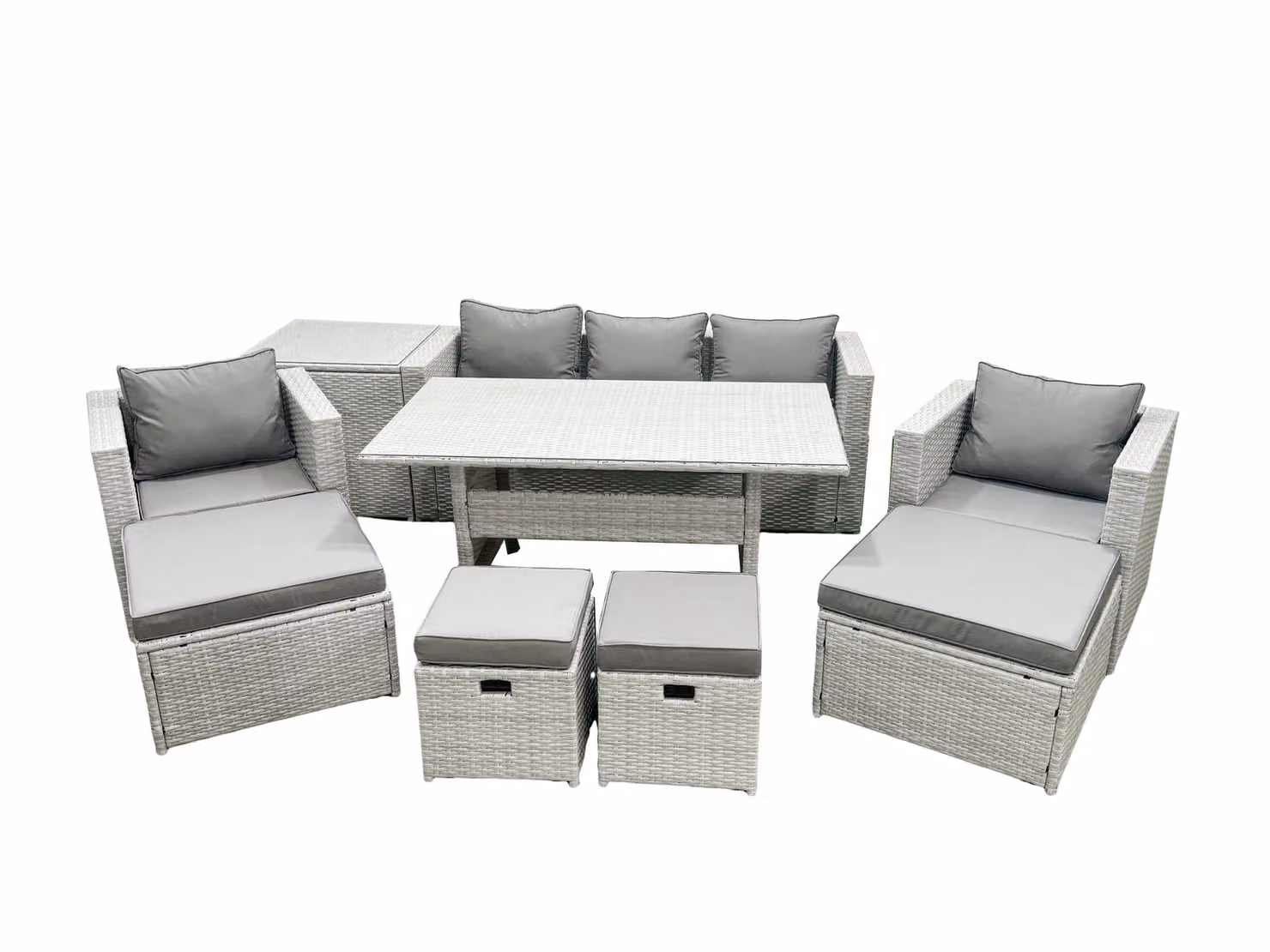 Fimous 9 Seater Rattan Garden Furniture Set with Glass Top Dining Table and Side Table in Light Grey – 2