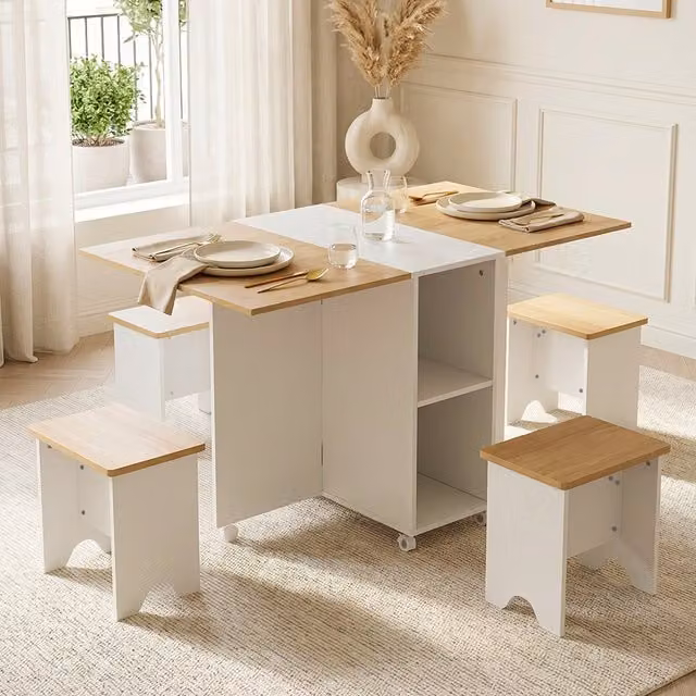 Livingandhome Minimalist Extendable Drop-Leaf Dining Table and 4 Stools in White and Natural Wood
