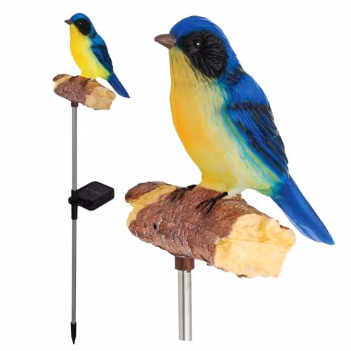 GardenKraft Chirping Bluebird Solar Light with Singing Bird Sounds, Blue and Gold, Warm White LED with Stainless Steel Ground Stake