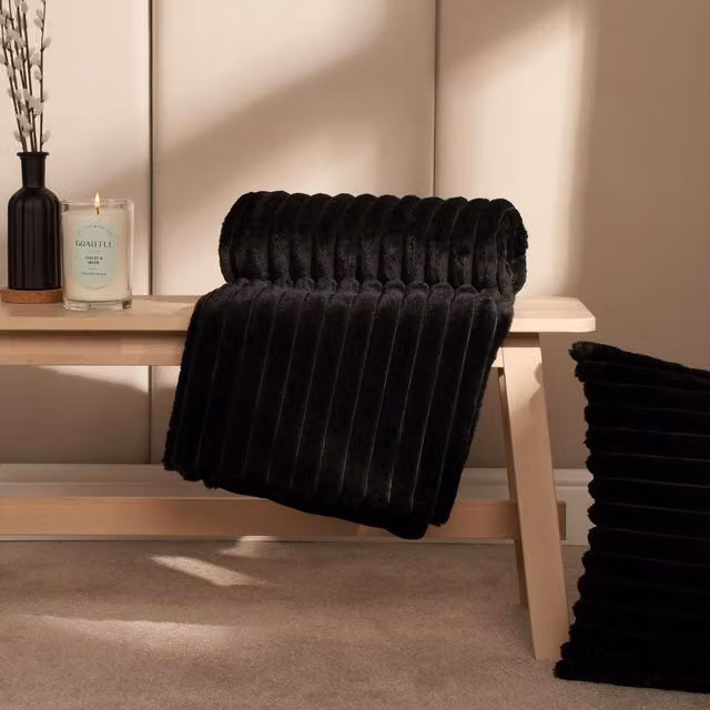 OHS Black Striped Faux Fur Thick Rib Throw