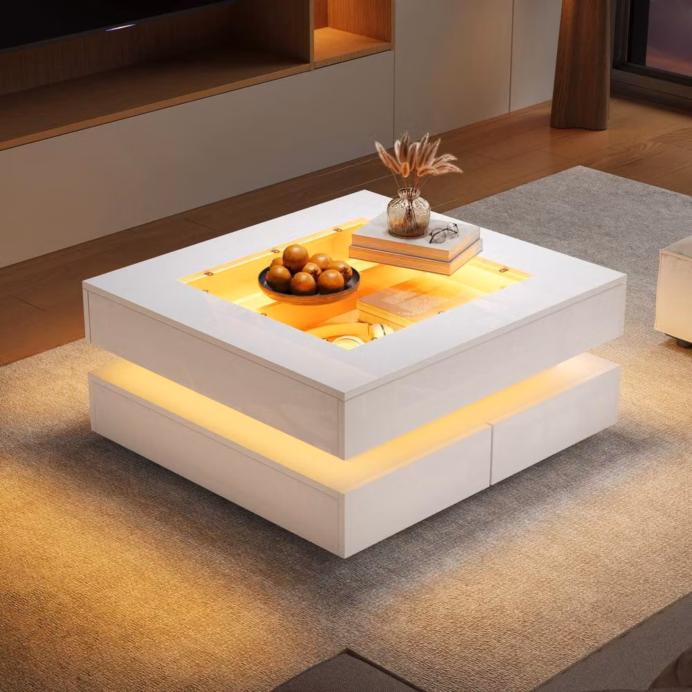 Merax Square High Gloss LED Coffee Table with Tempered Glass Top and 3 Drawers in White, W/D/H: 70 x 70 x 35 cm – 2