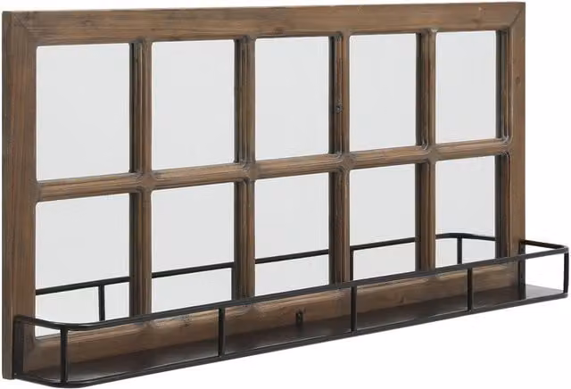 Livingandhome Vintage Rectangular Wood Framed Wall Mirror with Shelf, Brown