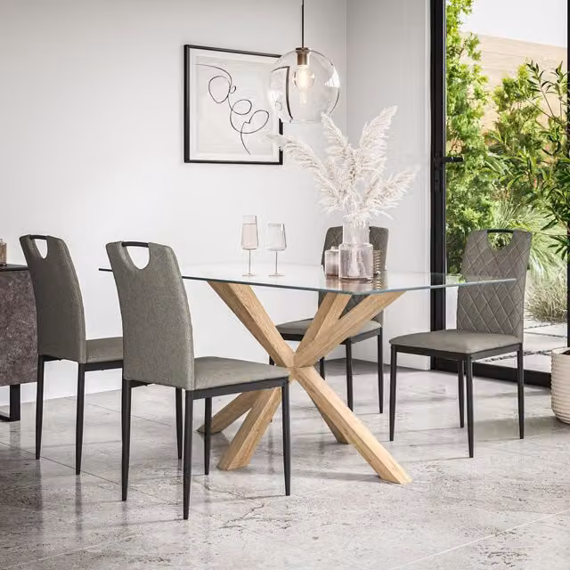 More4Homes Etta Glass Dining Table and 4 Monza Grey Fabric Chairs Set with Solid Oak Legs – 1