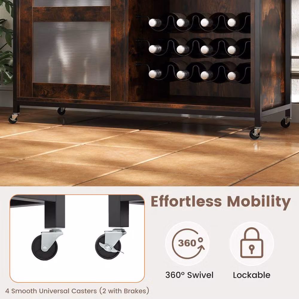 Costway Industrial Wooden Wine Bar Cabinet with LED Lights and Wheels, Brown – 9