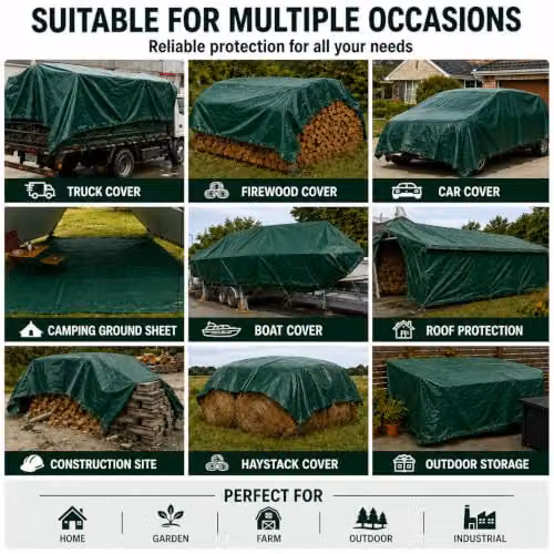 KAV Heavy Duty Waterproof Tarpaulin with Eyelets, Green, W: 4.80 m, D: 3.60 m – 5