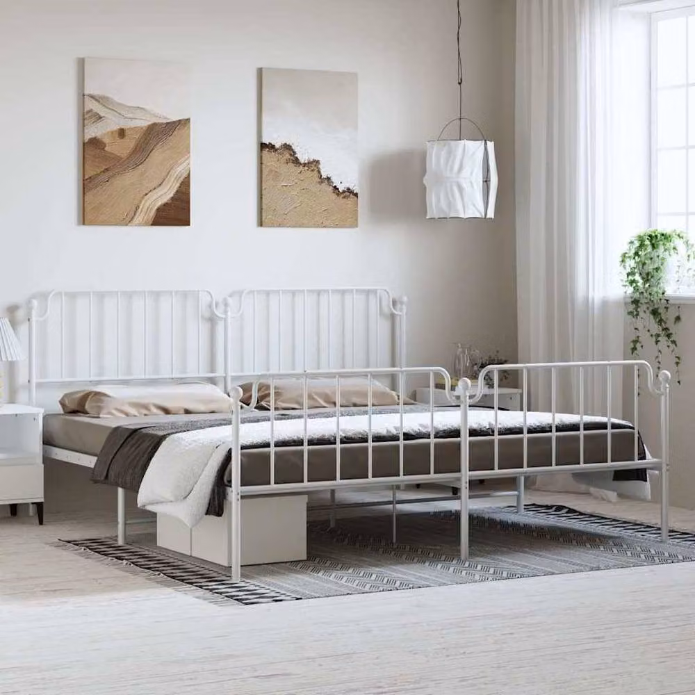 Berkfield Home Metal Bed Frame with Headboard and Footboard in White, W: 183 cm, L: 213 cm – 2