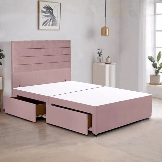 Bed Time UK Plush Velvet Divan Bed Frame with 48 inch Headboard and 2 Drawer Storage in Pink, W/D/H: 180 x 200 cm