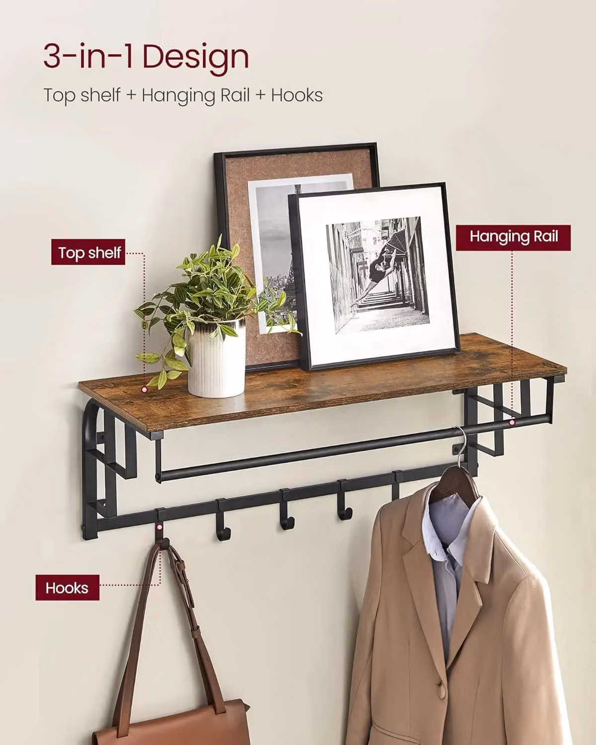 VASAGLE Industrial Wall Mounted Coat Rack with Hanging Rail and 5 Hooks in Brown – 4