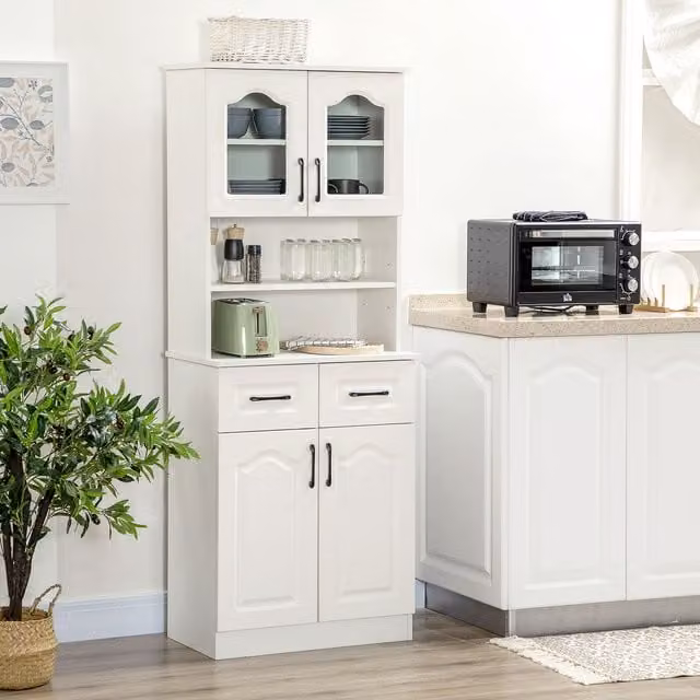 HOMCOM Freestanding Tall Kitchen Cupboard and Storage Cabinet with Glass Doors and Drawers, White