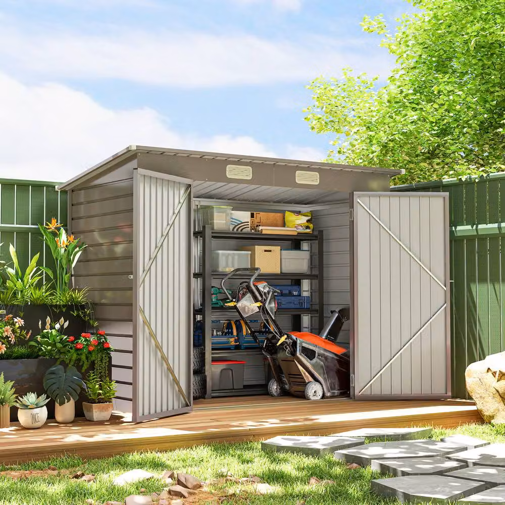Rolipo Galvanised Steel Pent Shed with Double Doors and Lock, Light Grey – 3