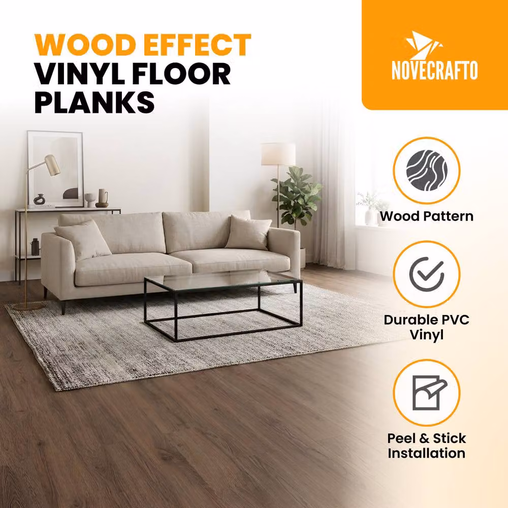 Novecrafto Self Adhesive Wood Look Vinyl Floor Planks, Pack of 10, Brown, W: 91.4 cm, D: 15.2 cm – 2