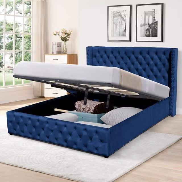 Comfy Living Blue Velvet Chesterfield Storage Bed Frame with Lift Up Base, W/D/H: 140 x 200 cm