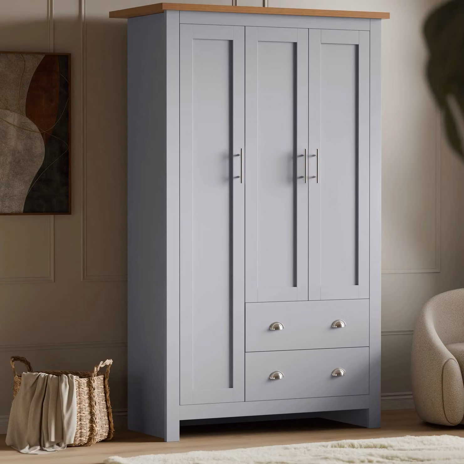 DHS Shaker Triple Wardrobe with Drawers and Shelves in Grey, H 180 x W 120 x D 52 cm