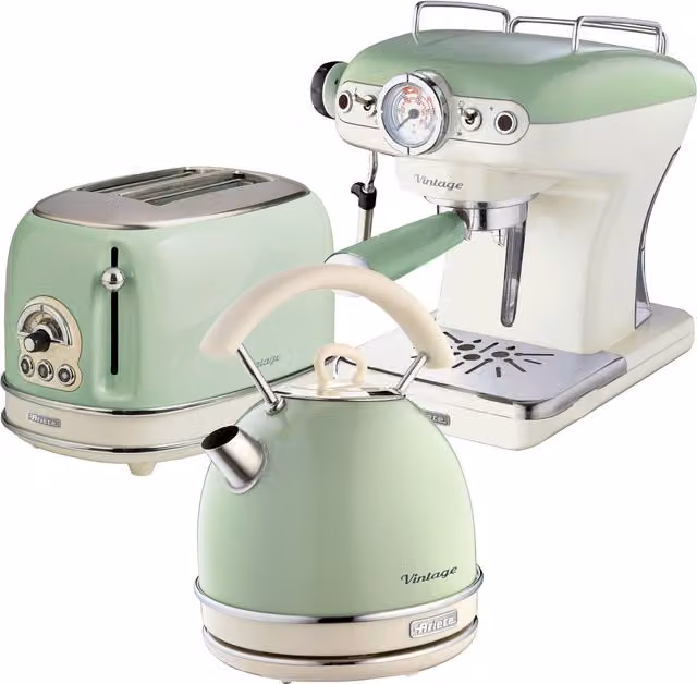 Ariete Vintage Green Kettle, 2 Slice Toaster and Espresso Coffee Machine Set