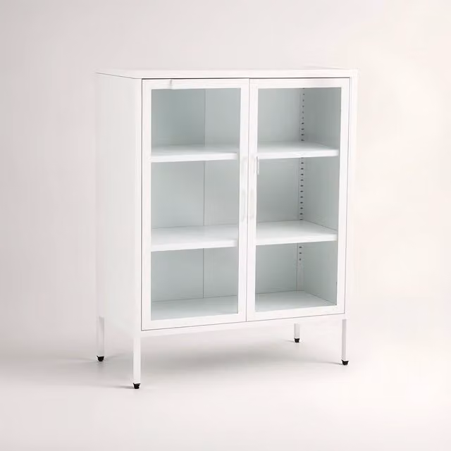 Interiors by Premier Acier White Metal Freestanding Cabinet with Glass Doors and Internal Shelves