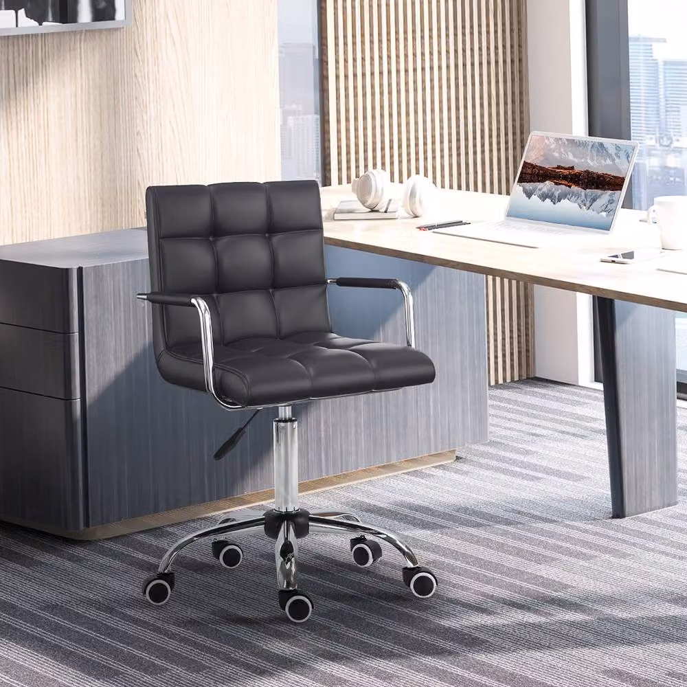 Rolipo Black PU Leather Swivel Vanity and Office Task Chair with Adjustable Height – 3