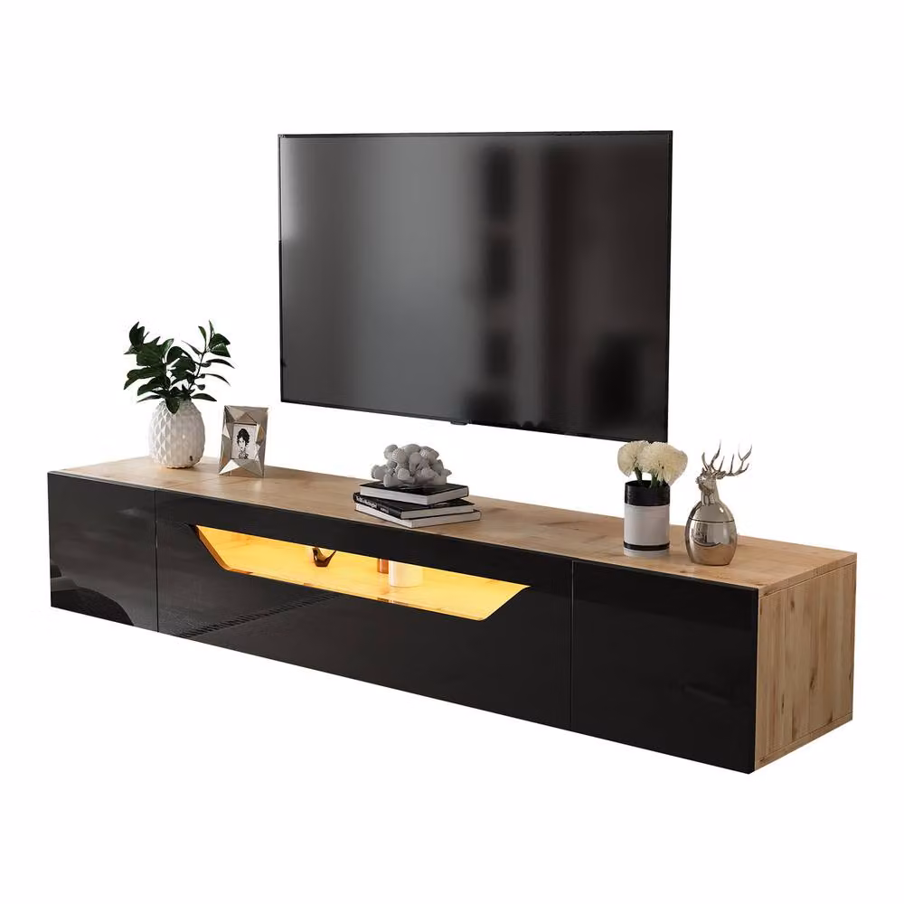 Rolipo Black High Gloss Wall Mounted Floating TV Stand with Integrated Lighting, Width: 180 cm – 6