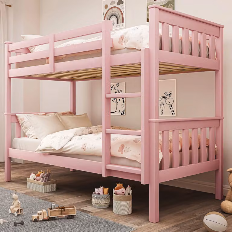 DHS Solid Pine Wood Detachable Double Bunk Bed in Pink