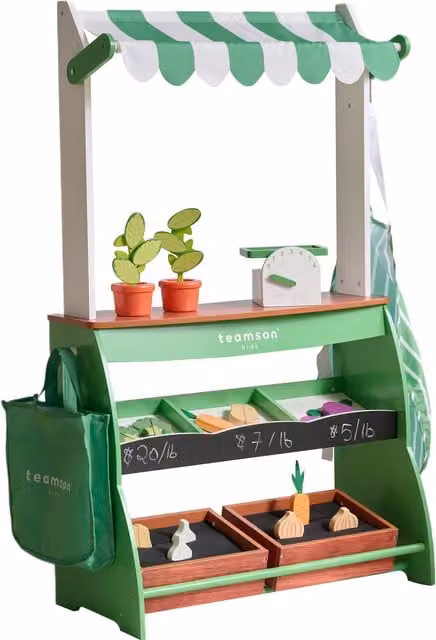 Teamson Kids Wooden Farmers Market Farm Shop Playset in Green