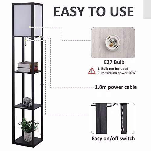 HOMCOM 3-Tier Floor Lamp with Storage Shelves, Black – 4