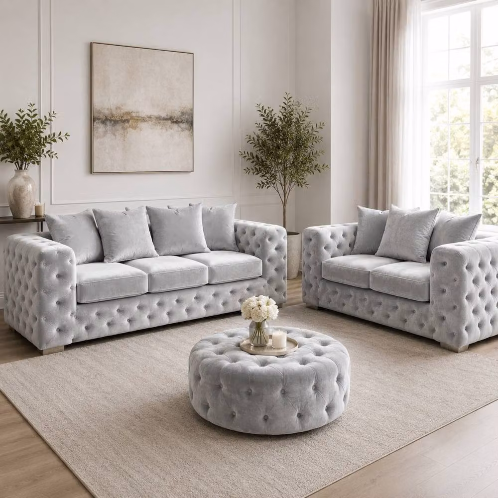 Stratus Interiors Ashley Silver Fabric Chesterfield 2 and 3 Seater Scatter Back Sofa Set – 2