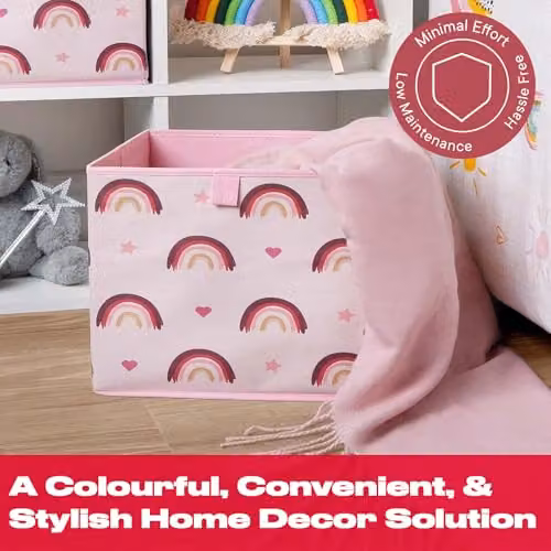 OHS Pack of 4 Rainbow Print Foldable Kids Storage Cube Organisers, Pink and Purple, W/D/H: 27 x 27 x 27 cm – 2