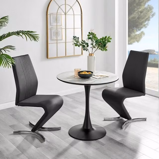 FurnitureboxUK Elina White Marble Effect Round Dining Table and 2 Black Willow Faux Leather Chairs