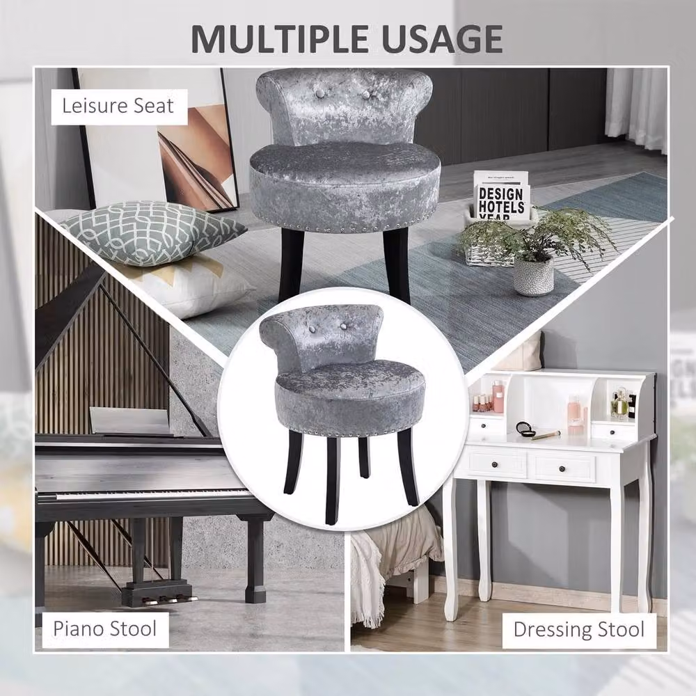 EONLION Grey Velvet Dressing Table Stool with Wood Legs – 3