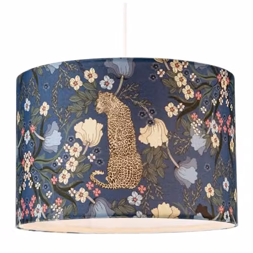 Happy Homewares Midnight Blue Fabric Cylinder Lampshade with Leopard and Botanical Foliage Design in Blue, Green, Pink and White – 2