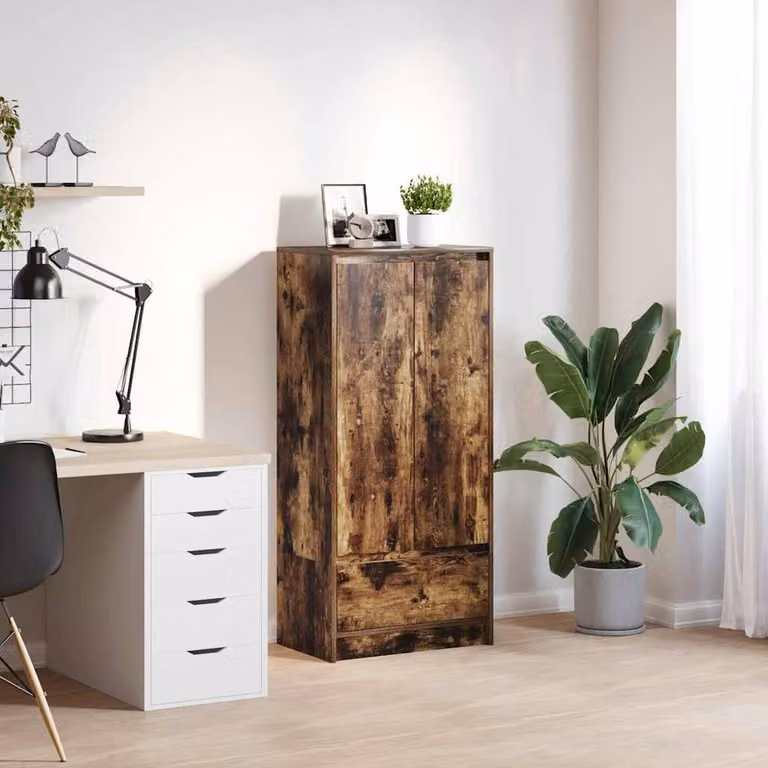 Berkfield Home Wall Mounted Cabinet with Drawer and Hinged Doors in Smoked Oak Brown, W/D/H: 55.5 x 34 x 119.5 cm