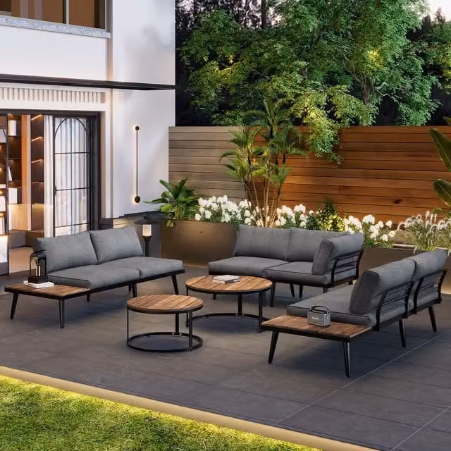 Home Touch Interior 6 Seater Lux Outdoor Garden Patio Sofa Set with 2 Coffee Tables in Grey