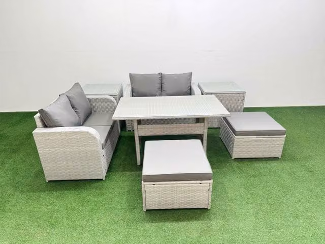 Fimous 6 Seater Rattan Garden Furniture Set with Rectangular Dining Table, 2 Footstools and 2 Side Tables in Light Grey
