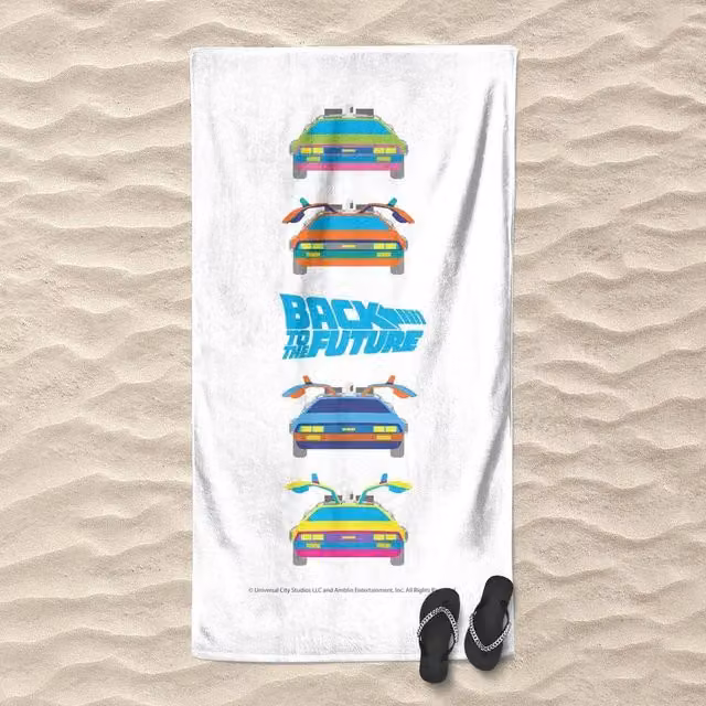 Back To The Future Car Print Cotton Beach Towel in White, W: 140 cm, H: 70 cm