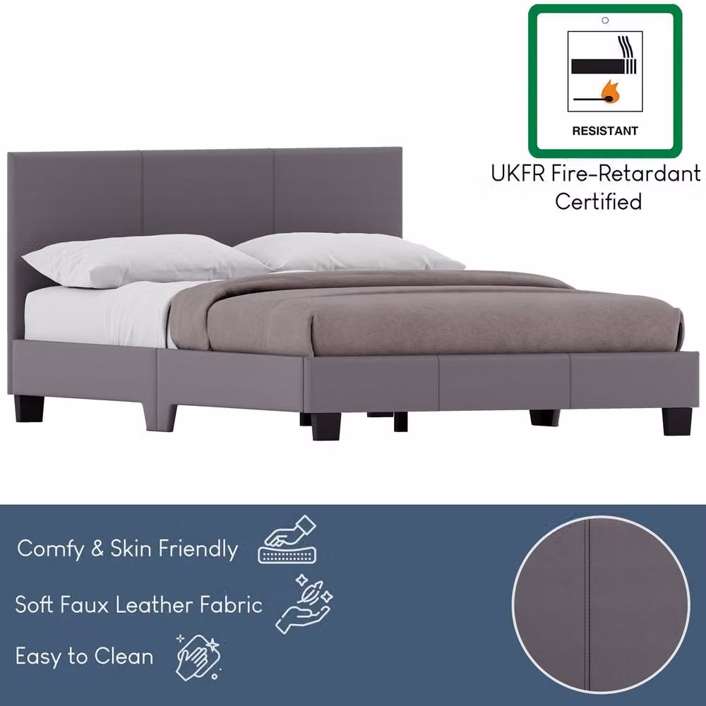 HD Designs Lisbon Small Double Upholstered Faux Leather Bed Frame in Grey, W/D/H: 120 x 200 cm – 4