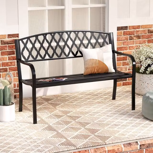 Gymax Heavy-Duty Metal 2-Seater Garden Bench in Matt Black – 1
