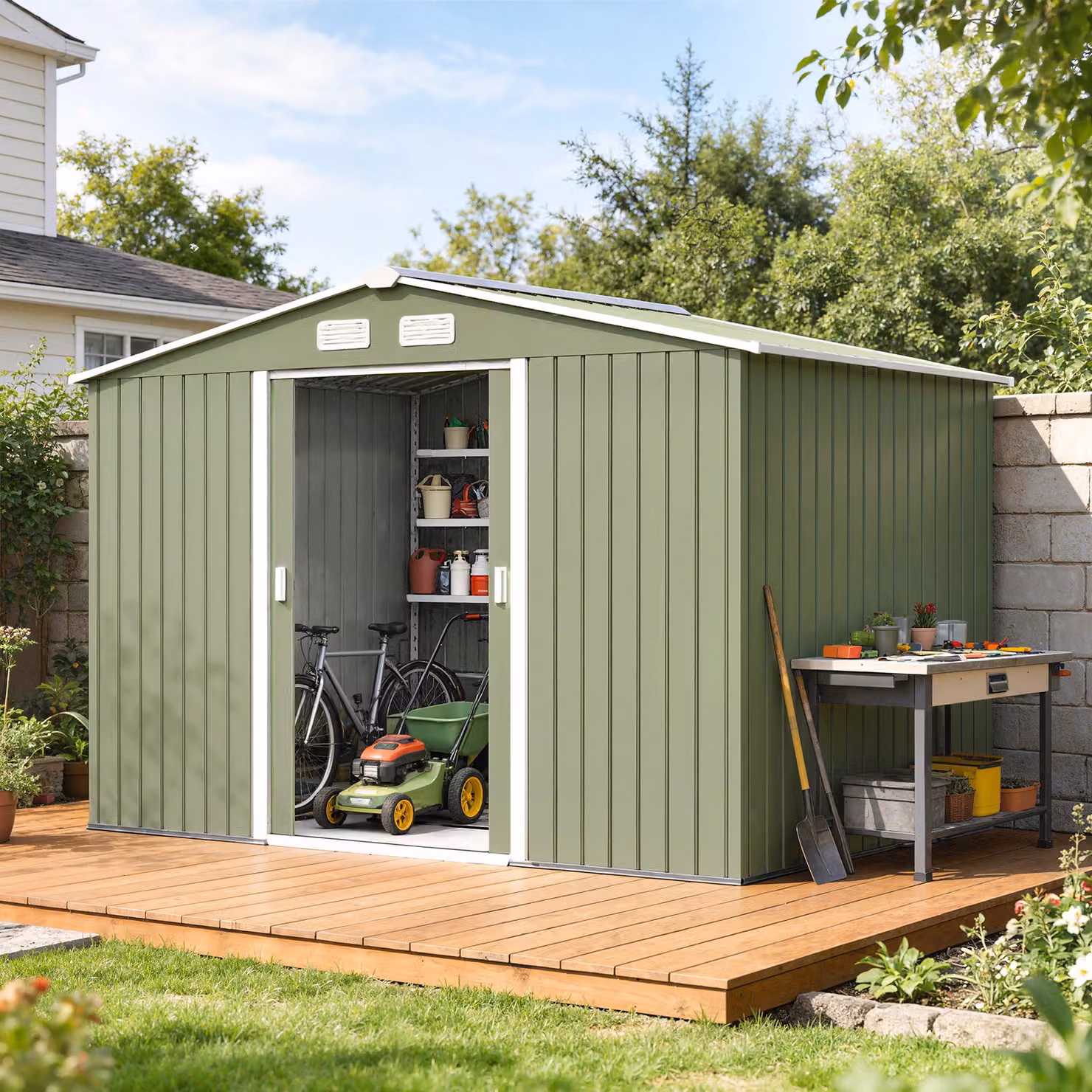 Outsunny Metal Garden Storage Shed with Corrugated Steel Roof and Foundation, Light Green, W: 274.3 cm, D: 183.0 cm, H: 192.0 cm – 2