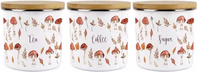 Purely Home Watercolour Mushrooms Large Kitchen Canister Set of 3 for Tea, Coffee and Sugar in Red and Multicolour