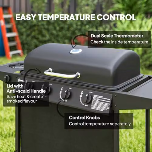 Outsunny 4+1 Burner Propane Gas BBQ Grill with Built-in Thermometer, Side Burner, Warming Rack and Wheels, Black – 4