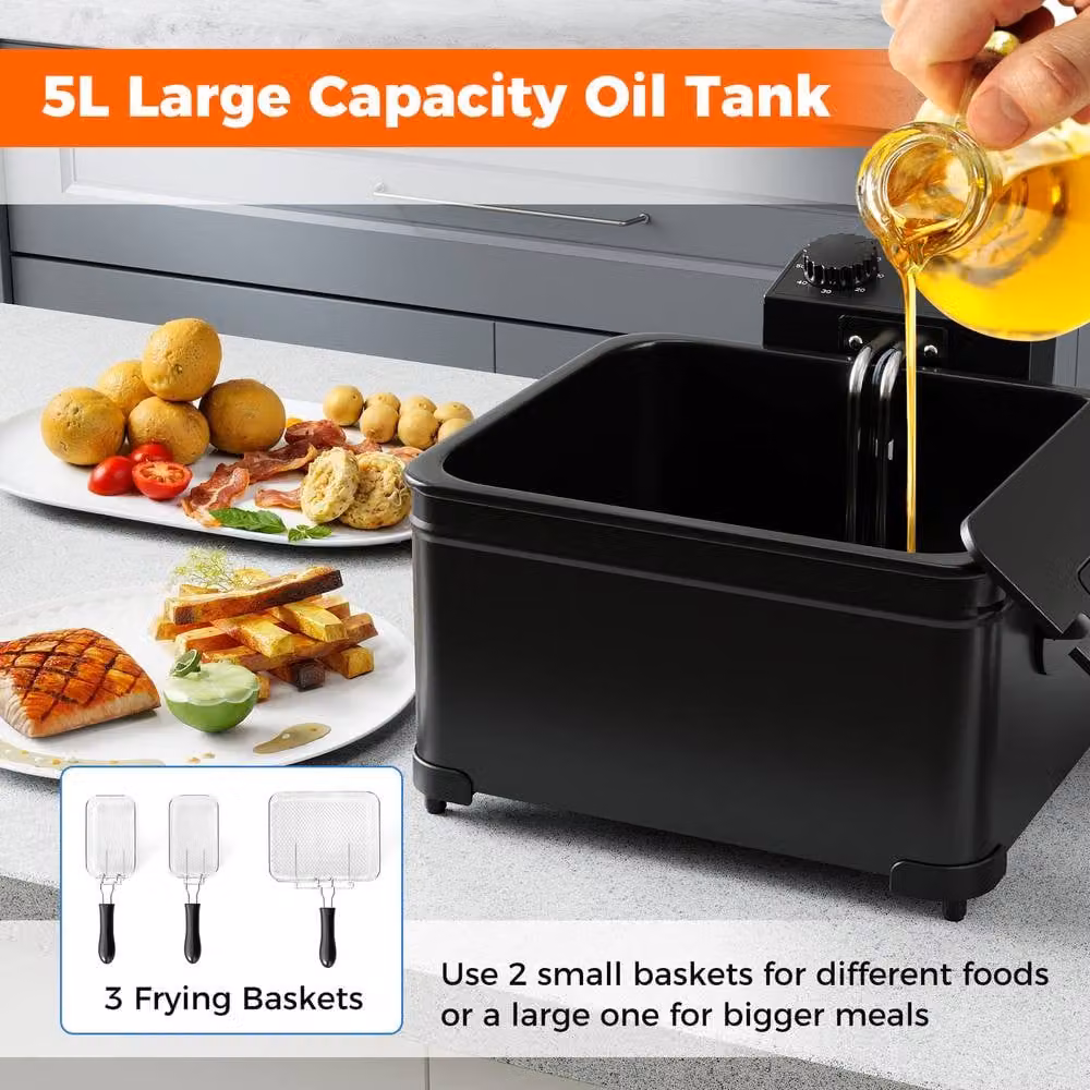 Costway 2000W Electric Deep Fryer with 3 Detachable Frying Baskets, 5L, Black – 5