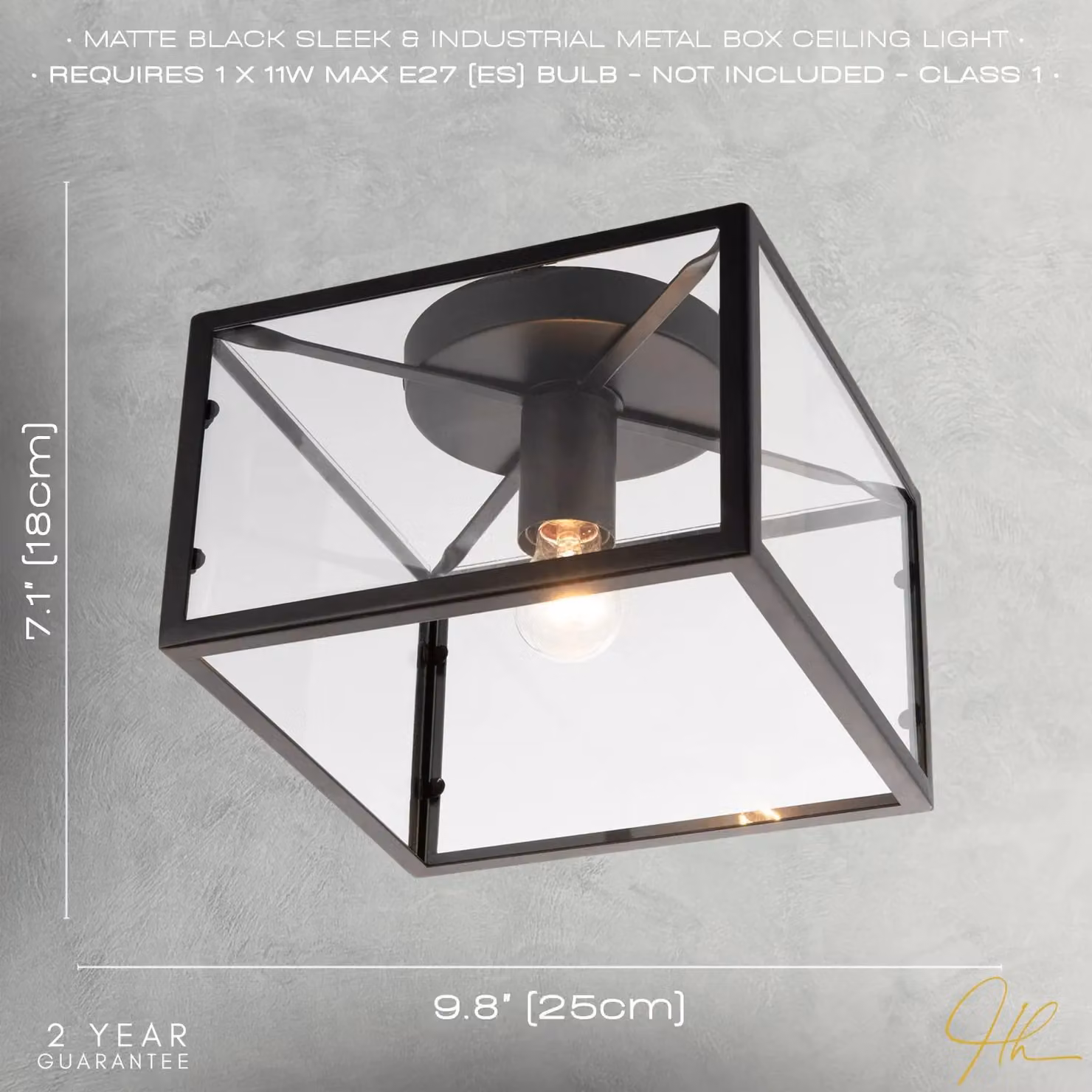 Happy Homewares Industrial Square Box Ceiling Light in Matte Black with Transparent Glass Sides – 4