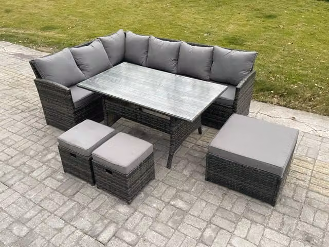Fimous 9 Seater Outdoor Rattan Garden Furniture Set with Rectangular Dining Table and 3 Footstools in Dark Grey