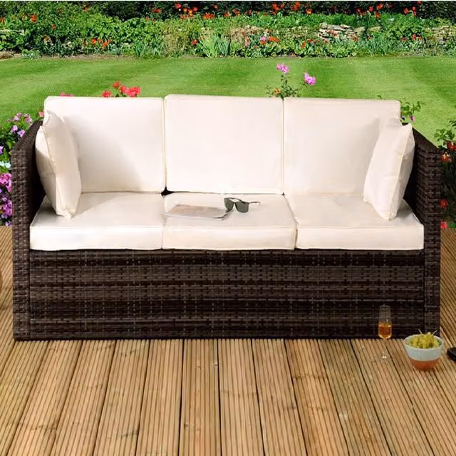 Comfy Living Brown Rattan Sun Lounger Storage Sofa with Cover
