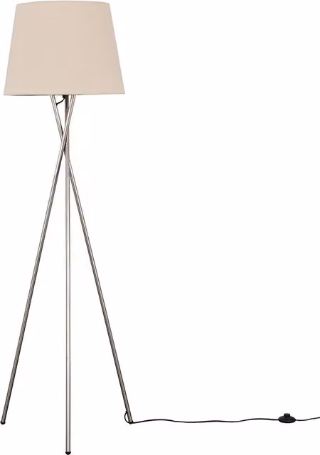 Camden Brushed Chrome Tripod Floor Lamp with Beige Tapered Fabric Shade