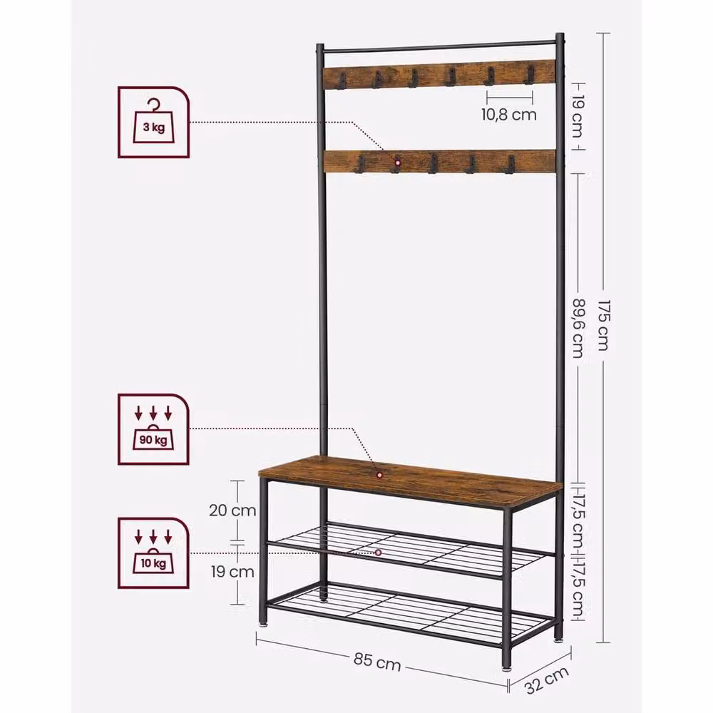 KORVIXA Industrial Hall Tree with Bench and Shoe Storage, Brown, W: 60 cm, D: 60 cm, H: 90 cm – 2