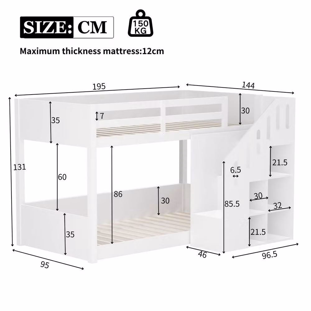 ModernLuxe Kids Bunk Bed with Two Single Beds, Storage Stairs and Safety Rails, White – 2