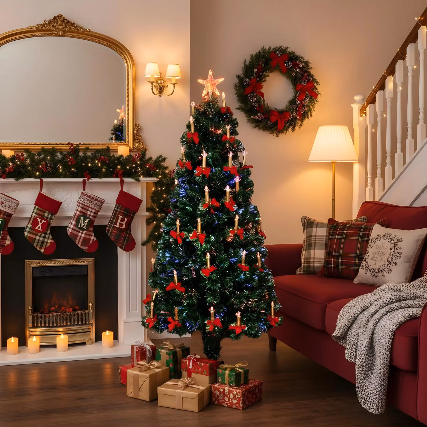 Shatchi Green LED Pre-Lit Fibre Optic Christmas Tree with Candle and Bow Decorations, Height: 120 cm – 3