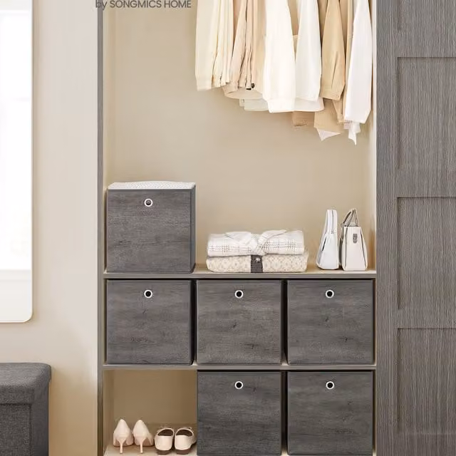 SONGMICS Set of 6 Rustic Fabric and Cardboard Storage Cube Bins, Grey