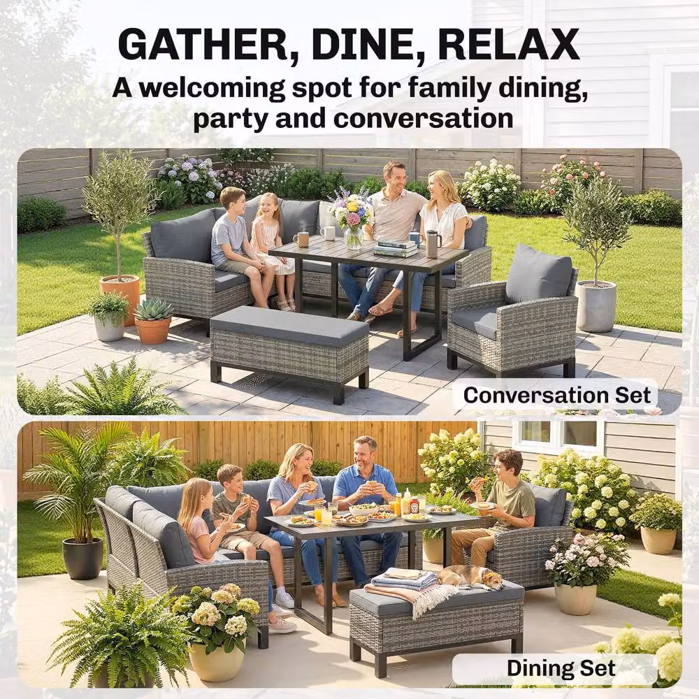 OUTSUNNY Rattan Garden Furniture Sofa and Outdoor Dining Set for 9 Adults, Dark Grey – 4