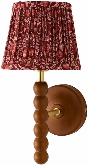 ValueLights Bobbin Cream Wooden Wall Light with Burgundy Floral Pleated Fabric Shade