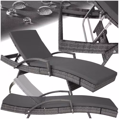 tectake Grey Rattan Sun Lounger with 5-Position Adjustable Backrest and Aluminium Frame – 1